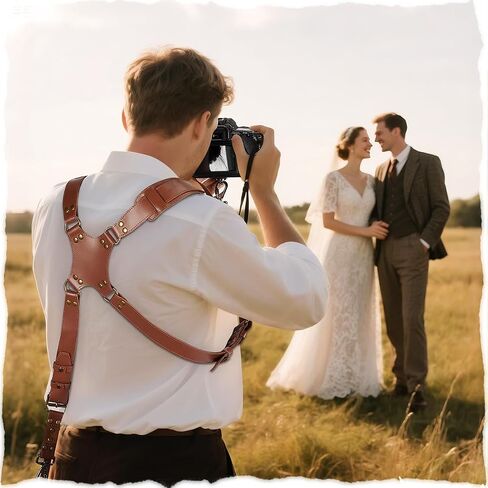 Jumyee Leather Dual Camera Harness, Brown Stitched Strap for DSLR/SLR | Adjustable Double Camera Harness Strap for wedding, Event, Wildlife & News Photography; Fits DSLR/SLR in Kuwait