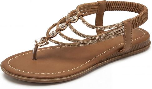 Allegra K Women Rhinestone T-Strap Elastic Back Strap Flat Sandals | TPR outsole. Comfortable for pool, beach, vacation. 0.98in heel. Thong design. Brighten ankles in Kuwait