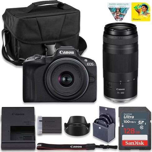 Canon EOS R50 Mirrorless Camera with 18-45mm & 75-300mm RF-S Lenses | 24.2MP APS-C Sensor, Dual Pixel CMOS AF, 4K Video | Compact Hybrid Camera Kit with Shoulder Bag and 128GB Card in Kuwait