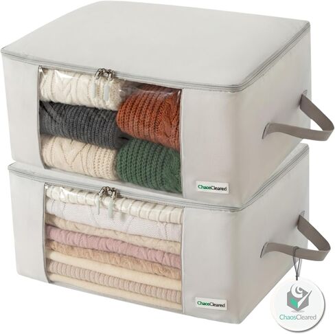 2 Pack Clothing Storage Bags Clothes Organizer folding fabric bags for sweaters, clothing, garment, bedding, quilt, linens, large folding organizers with zip & window, mothproof underbed space savers in Kuwait