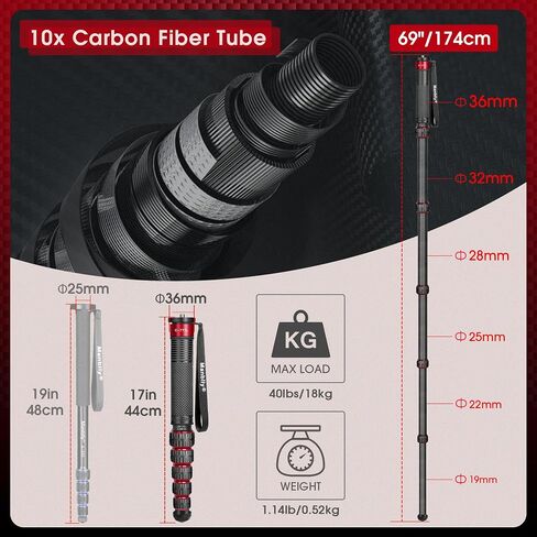Monopods for Cameras with Feet, 6 Sections, 72'', Max Load 40 lbs, Camera Monopod Extendable Portable Travel Aluminum for DSLR Canon Nikon Sony Video Camcorder in Kuwait