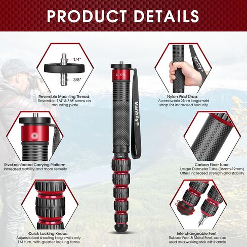 Monopods for Cameras with Feet, 6 Sections, 72'', Max Load 40 lbs, Camera Monopod Extendable Portable Travel Aluminum for DSLR Canon Nikon Sony Video Camcorder in Kuwait