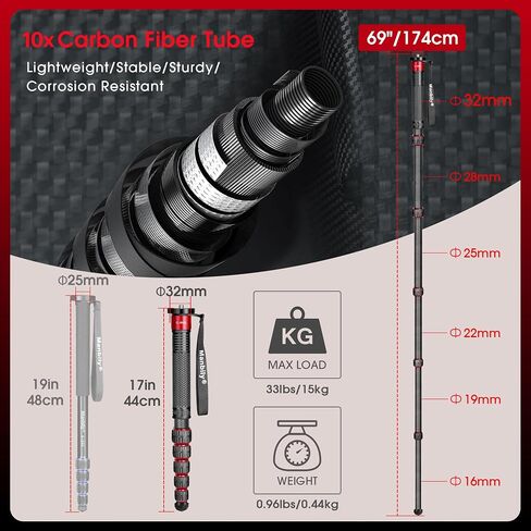 Monopods for Cameras with Feet, 6 Sections, 72'', Max Load 33 lbs, Camera Monopod Extendable Portable Travel Aluminum for DSLR Canon Nikon Sony Video Camcorder in Kuwait