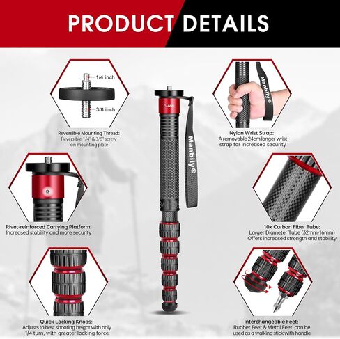 Monopods for Cameras with Feet, 6 Sections, 72'', Max Load 33 lbs, Camera Monopod Extendable Portable Travel Aluminum for DSLR Canon Nikon Sony Video Camcorder in Kuwait