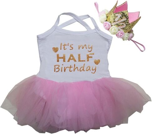Kirei Sui Baby Half Birthday Dress Tutu Bodysuit 1/2 Crown Headband M White Pink in Kuwait
