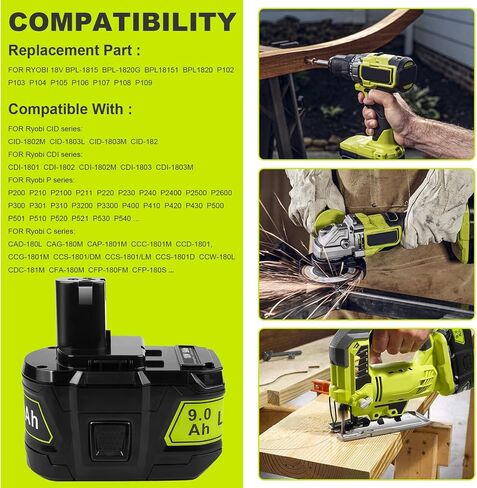 ARyee 9.0Ah 18V P108 P109 Replacement for Ryobi 18V Battery P102 P103 P104 P105 P107 P106 Compatible with Ryobi ONE+18Volt Cordless Power Tool Battery in Kuwait