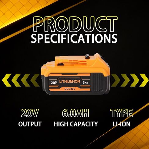 Battery 6Ah 6000mAh 20V Replacement for DeWalt 20V Max Compaible with DCB206 DCB205 DCB204 DCD DCF DCG Series Power Tools in Kuwait