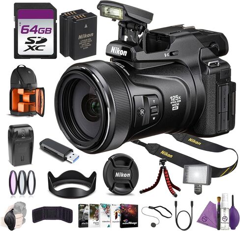 Nikon P1100 3000mm Zoom Camera 125x Optical 4K UHD Bundle with Replacement Battery + Charger EN-EL20 + Cleaning Kit + Flexible Vlogging Tripod + 64GB Memory Card + Backpack + More in Kuwait
