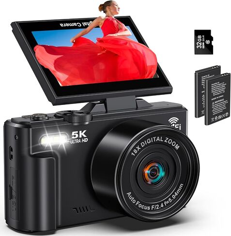 5K Digital Camera for Photography - 75MP WiFi Vlogging Camera for YouTube - UHD 18X Zoom Digital Cameras with Flip Screen 3" 180° - Travel Flash Camara with 32GB SD Card for Beginners & Adults in Kuwait