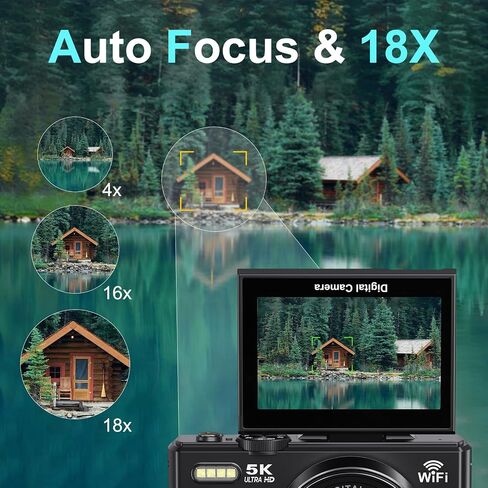 5K Digital Camera for Photography - 75MP WiFi Vlogging Camera for YouTube - UHD 18X Zoom Digital Cameras with Flip Screen 3" 180° - Travel Flash Camara with 32GB SD Card for Beginners & Adults in Kuwait