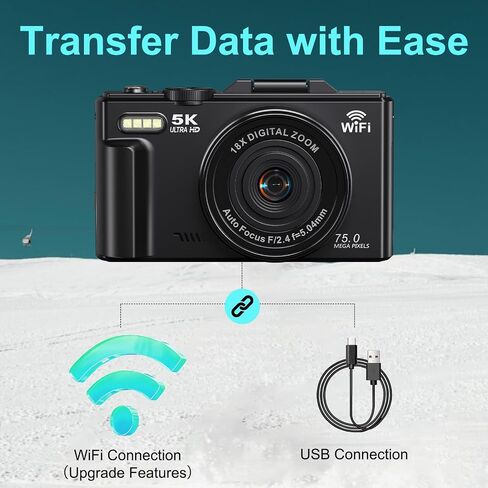 5K Digital Camera for Photography - 75MP WiFi Vlogging Camera for YouTube - UHD 18X Zoom Digital Cameras with Flip Screen 3" 180° - Travel Flash Camara with 32GB SD Card for Beginners & Adults in Kuwait