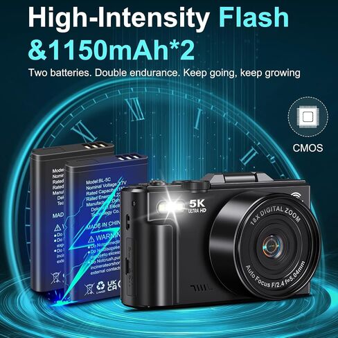 5K Digital Camera for Photography - 75MP WiFi Vlogging Camera for YouTube - UHD 18X Zoom Digital Cameras with Flip Screen 3" 180° - Travel Flash Camara with 32GB SD Card for Beginners & Adults in Kuwait