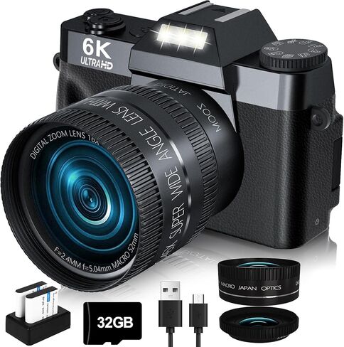 2026 Upgrade 6K Digital Camera for Photography 64MP Vlogging Camera for YouTube with WiFi, 180°Flip Screen, 16X Digital Zoom, 52mm Lens, 32GB Micro SD Card, 2 Batteries(Black) in Kuwait