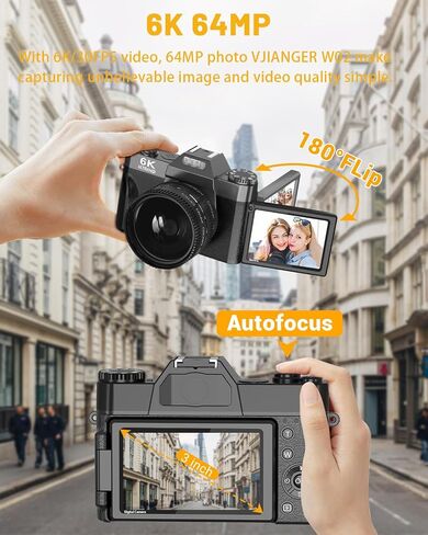 2026 Upgrade 6K Digital Camera for Photography 64MP Vlogging Camera for YouTube with WiFi, 180°Flip Screen, 16X Digital Zoom, 52mm Lens, 32GB Micro SD Card, 2 Batteries(Black) in Kuwait