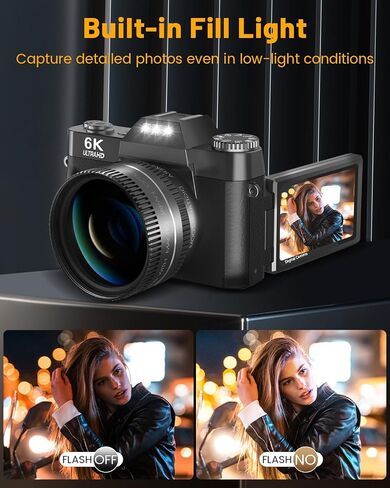 2026 Upgrade 6K Digital Camera for Photography 64MP Vlogging Camera for YouTube with WiFi, 180°Flip Screen, 16X Digital Zoom, 52mm Lens, 32GB Micro SD Card, 2 Batteries(Black) in Kuwait