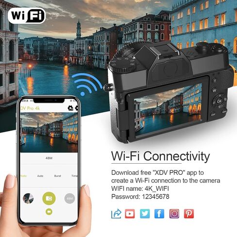 2026 Upgrade 6K Digital Camera for Photography 64MP Vlogging Camera for YouTube with WiFi, 180°Flip Screen, 16X Digital Zoom, 52mm Lens, 32GB Micro SD Card, 2 Batteries(Black) in Kuwait