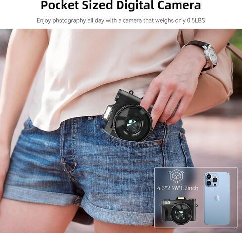 2026 Upgrade 6K Digital Camera for Photography 64MP Vlogging Camera for YouTube with WiFi, 180°Flip Screen, 16X Digital Zoom, 52mm Lens, 32GB Micro SD Card, 2 Batteries(Black) in Kuwait