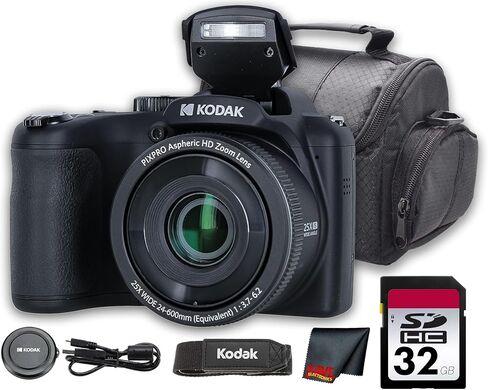Kodak PIXPRO AZ255 Digital Camera (Black) | 16MP Sensor, 25x Optical Zoom, 24mm Wide-Angle Lens & Optical Image Stabilization | Great for Travel & Distance Photos (AZ255BK) + 32GB Card + Bag + Cloth in Kuwait