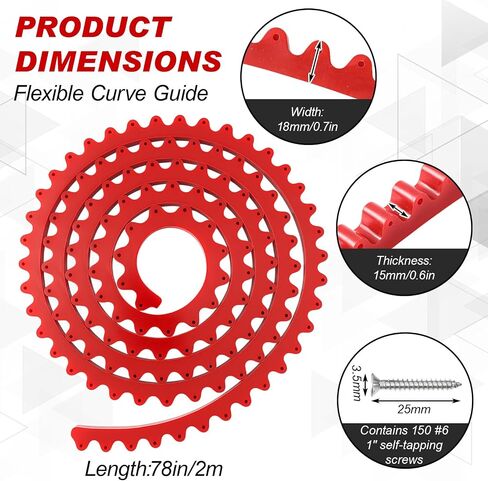 Frienda 78" Router Edge Guide Templates Kit Flexible Curve Ruler for Woodworking with 150 Self-tapping Screws Adjustable Arcs Red Tool for Router Precision Trimming Arc Angle Positioning Cabinet Table in Kuwait