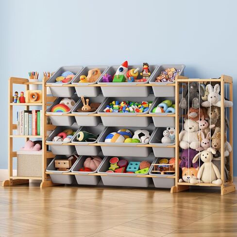 Toy Storage Organizer with Bookshelf and Stuffed Animal Storage - Kids Playroom Organization with Shelves and 16 Toy Bins - Toddler Living Room Toy Box for Lego - Nursery Bedroom Decor Essential in Kuwait