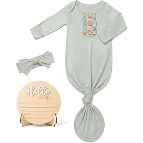 Newborn Knotted Sleepers Gown for Baby Girls with Ruffle, Infant Hospital Outfit Gown with Bow Headband & Announcement Sign in Kuwait