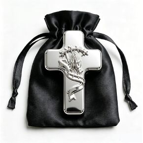 Silver Metal Handheld Prayer Cross with Black Storage Bag, Christian Religious Blessing Cross for Church Ceremony, Ideal Baptism, Christening, First Communion & Church Fellowship Gift for Christians in Saudi Arabia