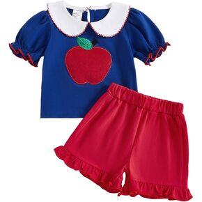 Kids Little Toddler Girl Back to School Outfit Embroidery Puff Sleeve T Shirt Top Ruffle Shorts Set Summer Clothes in Saudi Arabia