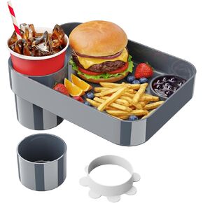 Square Car Seat Cup Holder Snack Tray for Kids, 1-Pack, Dark Gray | Built-in condiment dish, extra cup holder base and silicone ring, holds food, drinks and toys, helps reduce travel mess in Kuwait