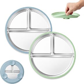 E-far Stainless Steel Toddler Suction Plates, 2 Pack for Baby | 3-Section Divided Kids Plates & Removable Silicone Suction Sleeves, Unbreakable Stainless Steel, Dishwasher Safe(Blue/Green) in Kuwait
