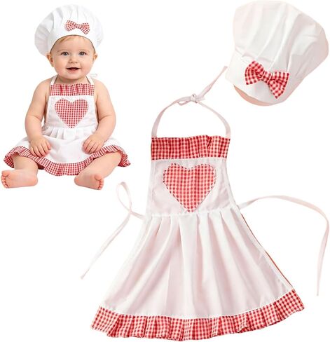 Baby Photography Prop, 2 Pack Girl Chef Hat Apron Photo Props with Hair Clips Set for 6-24 Months (Red) in Kuwait