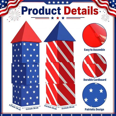 Pasimy 8 Pcs 4th of July Party Decorations Patriotic Firework Cardboard Boxes Decor Red White and Blue Firework Photo Prop Boxes for 4th of July 250th Anniversary Indoor Outdoor Party Supplies in Kuwait
