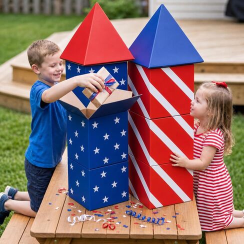 Pasimy 8 Pcs 4th of July Party Decorations Patriotic Firework Cardboard Boxes Decor Red White and Blue Firework Photo Prop Boxes for 4th of July 250th Anniversary Indoor Outdoor Party Supplies in Kuwait