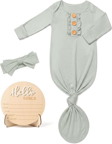 Newborn Knotted Sleepers Gown for Baby Girls with Ruffle, Infant Hospital Outfit Gown with Bow Headband & Announcement Sign in Kuwait