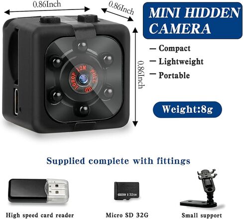 Mini Spy Camera, 1080P HD Hidden Camera with Night Vision and Motion Detection, Small Nanny Cam Video Recording, Home Security Camera, Portable Camera for Indoor, Outdoor, No WiFi Needed in Kuwait