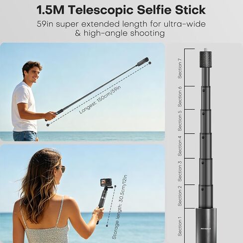 REYGEAK 59" Camera Extension Selfie Stick Tripod for GoPro/DJI/Insta360 | Extension tripod with 1/4 and Dual-Claws for GoPro, DJI Osmo Action 6/5 Pro/4/Pocket 4/3 and Insta360 X5/X4/X3 Luna Ultra in Kuwait