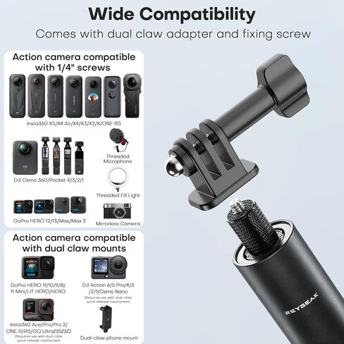 REYGEAK 59" Camera Extension Selfie Stick Tripod for GoPro/DJI/Insta360 | Extension tripod with 1/4 and Dual-Claws for GoPro, DJI Osmo Action 6/5 Pro/4/Pocket 4/3 and Insta360 X5/X4/X3 Luna Ultra in Kuwait