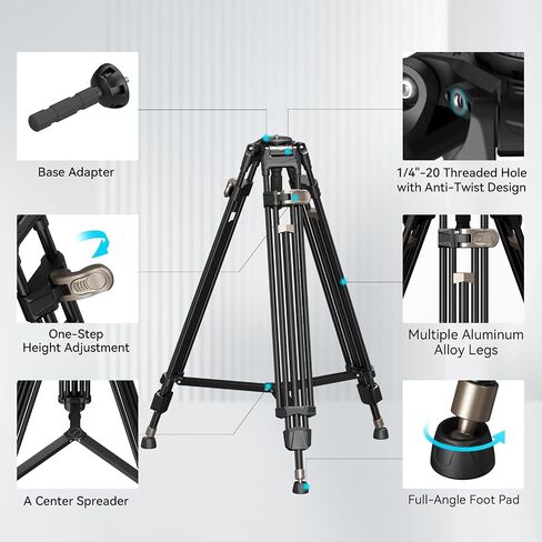 SMALLRIG AD-80 FreeBlazer Heavy-Duty Aluminum Alloy Tripod,71/inch Video Tripod with 75mm Bowl Adapter,One-Step Height Adjustment,Load up to 33lbs,Professional Tripod for DSLR,Camera,Camcorder-4164 in Kuwait