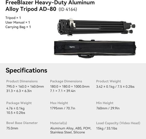 SMALLRIG AD-80 FreeBlazer Heavy-Duty Aluminum Alloy Tripod,71/inch Video Tripod with 75mm Bowl Adapter,One-Step Height Adjustment,Load up to 33lbs,Professional Tripod for DSLR,Camera,Camcorder-4164 in Kuwait
