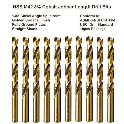 MAXTOOL 9/32" 10PCs Identical Cobalt Jobber Length Drill Bits HSS M42 Twist Drill Bits Fully Ground Golden Straight Shank Drills; JBF42G10R18E10 in Kuwait