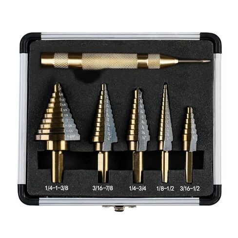 KENDO 6PCS Step Drill Bit Set for Metal, 50 Hole Sizes with Center Punch | Titanium-coated HSS step bits cover 50 hole sizes for sheet metal, aluminum, plastic, wood, and thin steel panels in Kuwait