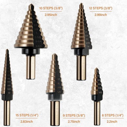 KENDO 6PCS Step Drill Bit Set for Metal, 50 Hole Sizes with Center Punch | Titanium-coated HSS step bits cover 50 hole sizes for sheet metal, aluminum, plastic, wood, and thin steel panels in Kuwait