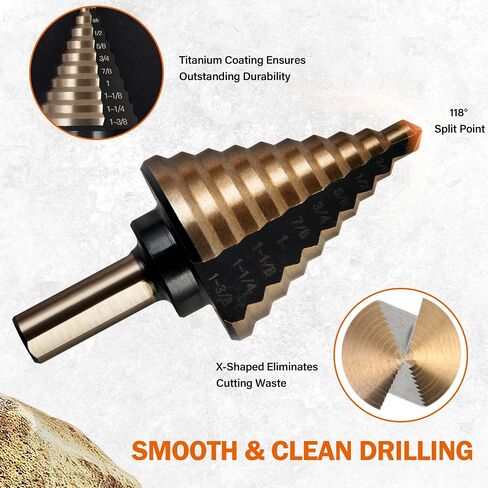 KENDO 6PCS Step Drill Bit Set for Metal, 50 Hole Sizes with Center Punch | Titanium-coated HSS step bits cover 50 hole sizes for sheet metal, aluminum, plastic, wood, and thin steel panels in Kuwait
