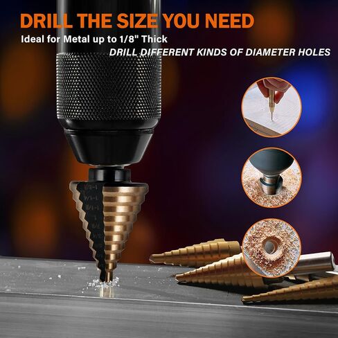 KENDO 6PCS Step Drill Bit Set for Metal, 50 Hole Sizes with Center Punch | Titanium-coated HSS step bits cover 50 hole sizes for sheet metal, aluminum, plastic, wood, and thin steel panels in Kuwait