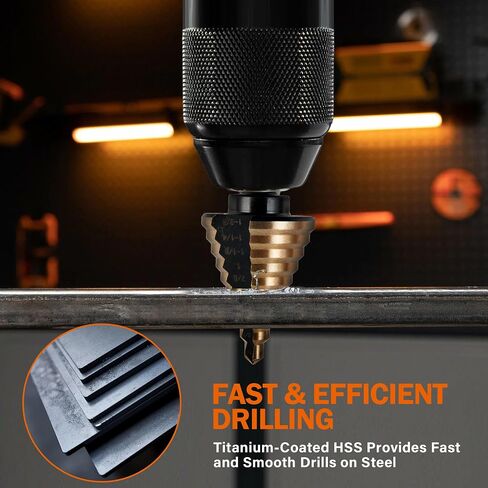 KENDO 6PCS Step Drill Bit Set for Metal, 50 Hole Sizes with Center Punch | Titanium-coated HSS step bits cover 50 hole sizes for sheet metal, aluminum, plastic, wood, and thin steel panels in Kuwait