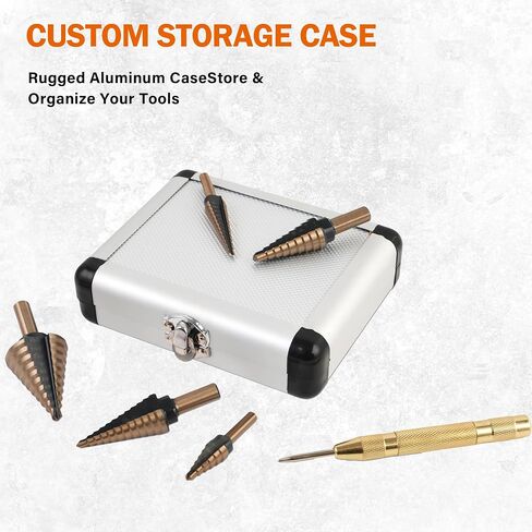 KENDO 6PCS Step Drill Bit Set for Metal, 50 Hole Sizes with Center Punch | Titanium-coated HSS step bits cover 50 hole sizes for sheet metal, aluminum, plastic, wood, and thin steel panels in Kuwait