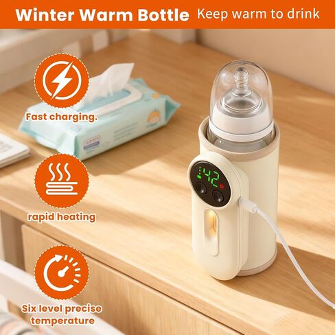 Portable Baby Bottle Warmer, Baby Milk Warmer, Rechargeable 8000mAh Battery, Breast Milk Warmer with Defrost Function, Compatible with All Baby Bottles Ideal for Home and Travel Use in Kuwait