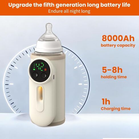 Portable Baby Bottle Warmer, Baby Milk Warmer, Rechargeable 8000mAh Battery, Breast Milk Warmer with Defrost Function, Compatible with All Baby Bottles Ideal for Home and Travel Use in Kuwait