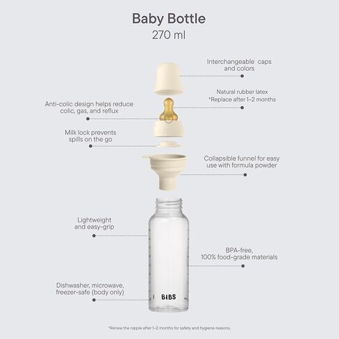 BIBS Plastic Baby Bottle, 270 ml, 1-Pack, Ivory | Anti-Colic | Natural Rubber Latex Nipple | Medium Flow | BPA-Free Plastic | Breastfeeding Support | Made in Denmark in Kuwait