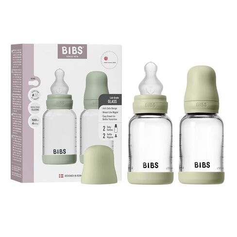 BIBS Glass Baby Bottle, 120 ml, 2-Pack, Silicone Nipple, Ivory | Anti-Colic | Slow Flow | Supports Breastfeeding | Made in Denmark | Familiar BIBS Nipple in Kuwait