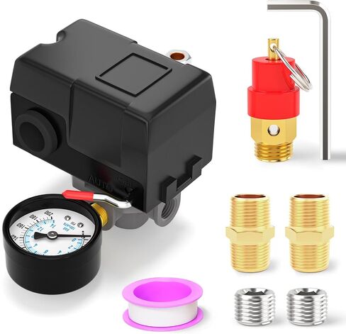 4 Way Air Compressor Pressure Switch Control Valve Kit 120-150 PSI, 110V-240V Replacement Parts, With 0-200 Pressure Gauge and Safety Pressure Relief Valve in Kuwait